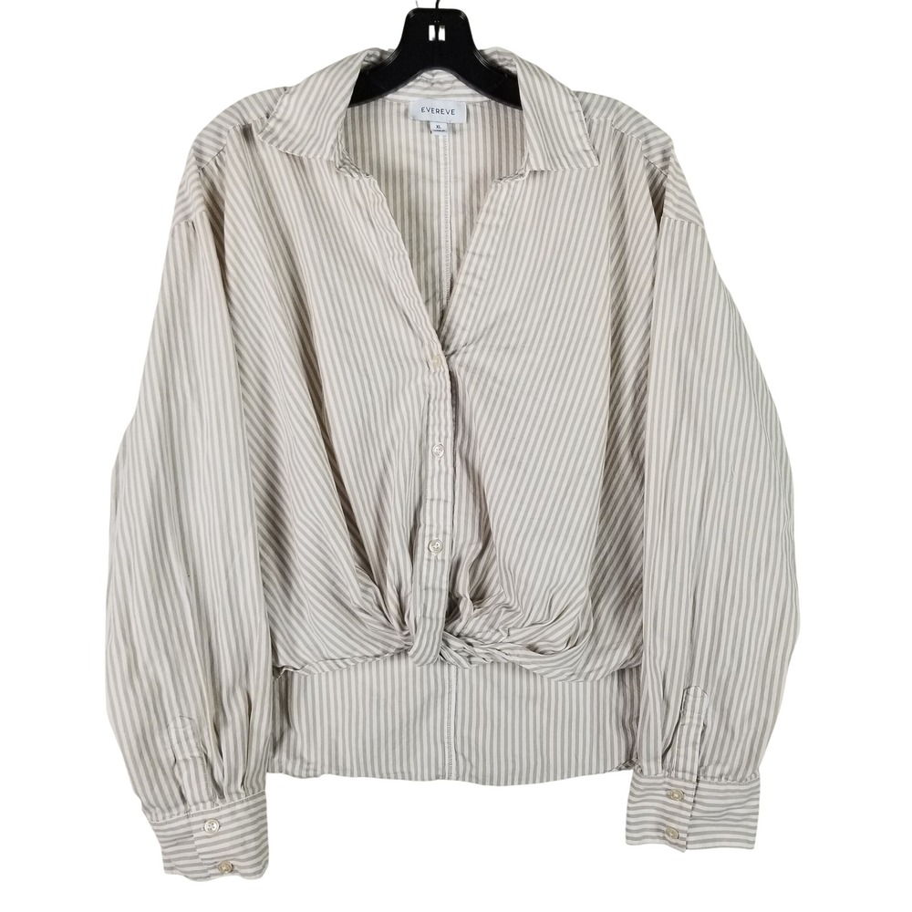 Evereve Button Down Shirt Womens XL Tan‎ Striped Twist Front Long Sleeve Cotton